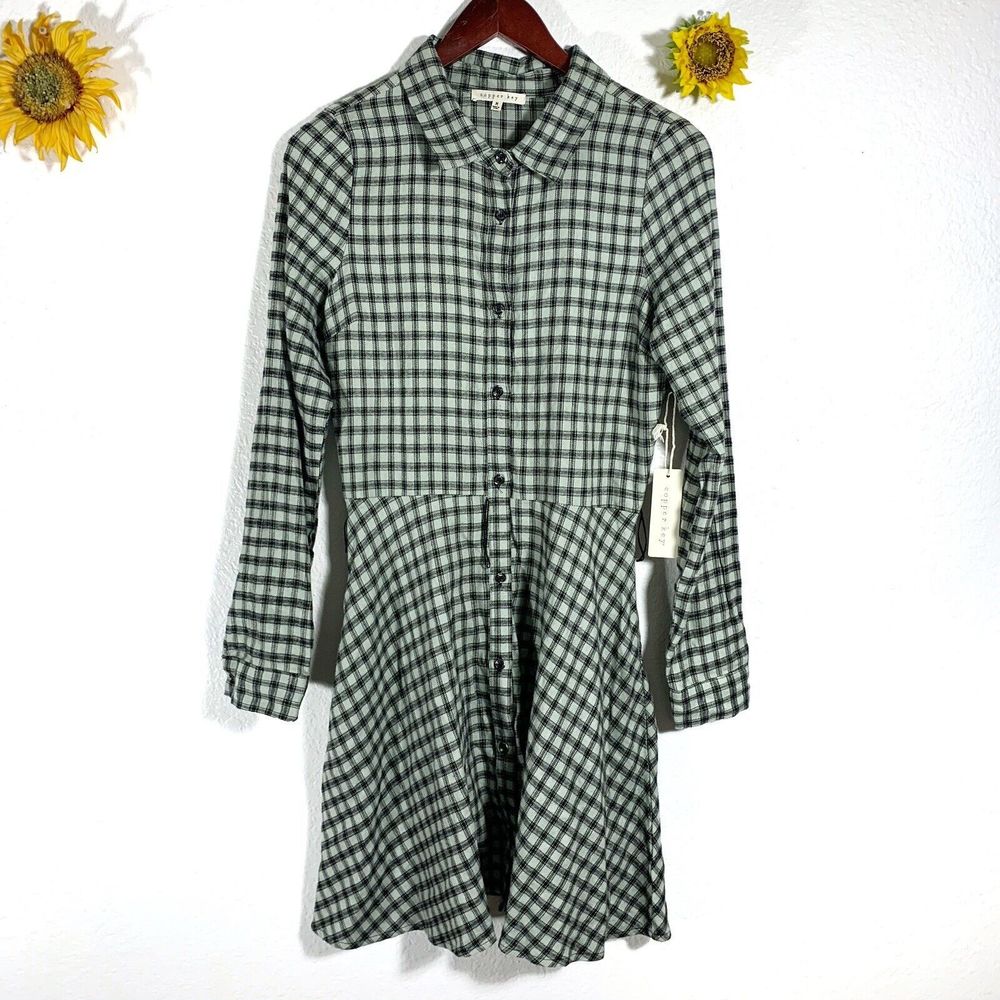 Copper Key NWT Teal Black Plaid Flannel Dress Size Medium Women’s
